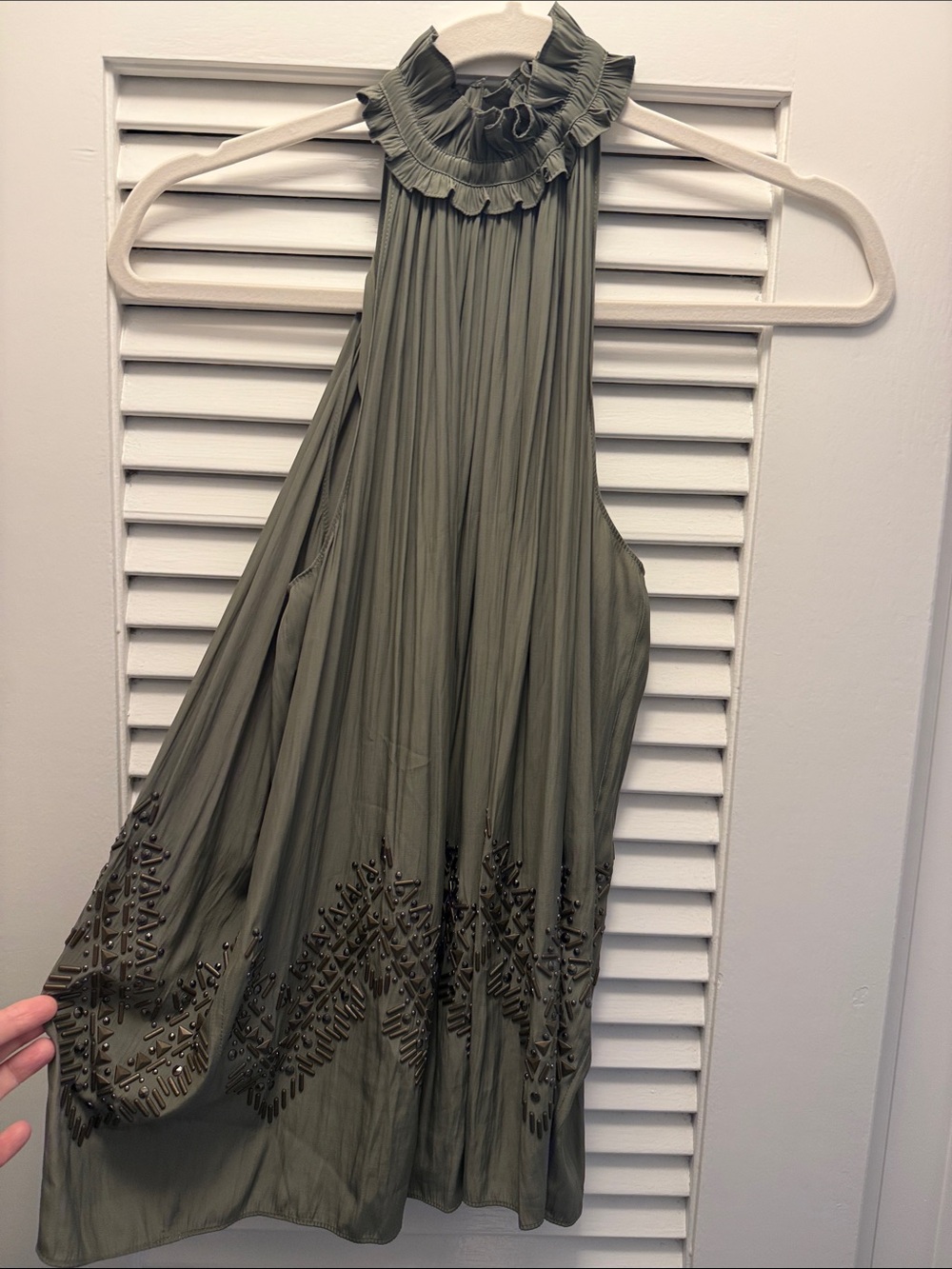 RAMY BROOK Olive Green Ruffled Halter Beaded Detail Top